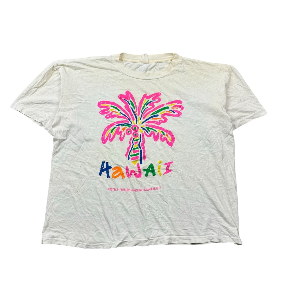 Vtg 90s Hawaii T Shirt Men XL White Cropped Boxy Fit Single Stitch Paper Thin